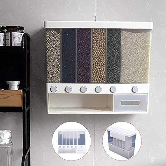 6-in-1 Wall Mounted Food Dispenser – Airtight Dry Food Storage Container for Kitchen | Multi-Section Cereal, Rice & Grain Organizer - Image 2