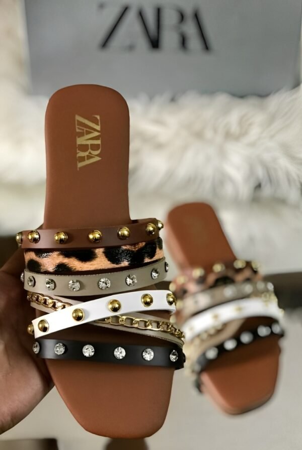 Trendy Style Women’s Slippers – Brown Multi Strap Flat Sandals With Studs & Stones | Comfortable Daily Wear Slides - Image 5