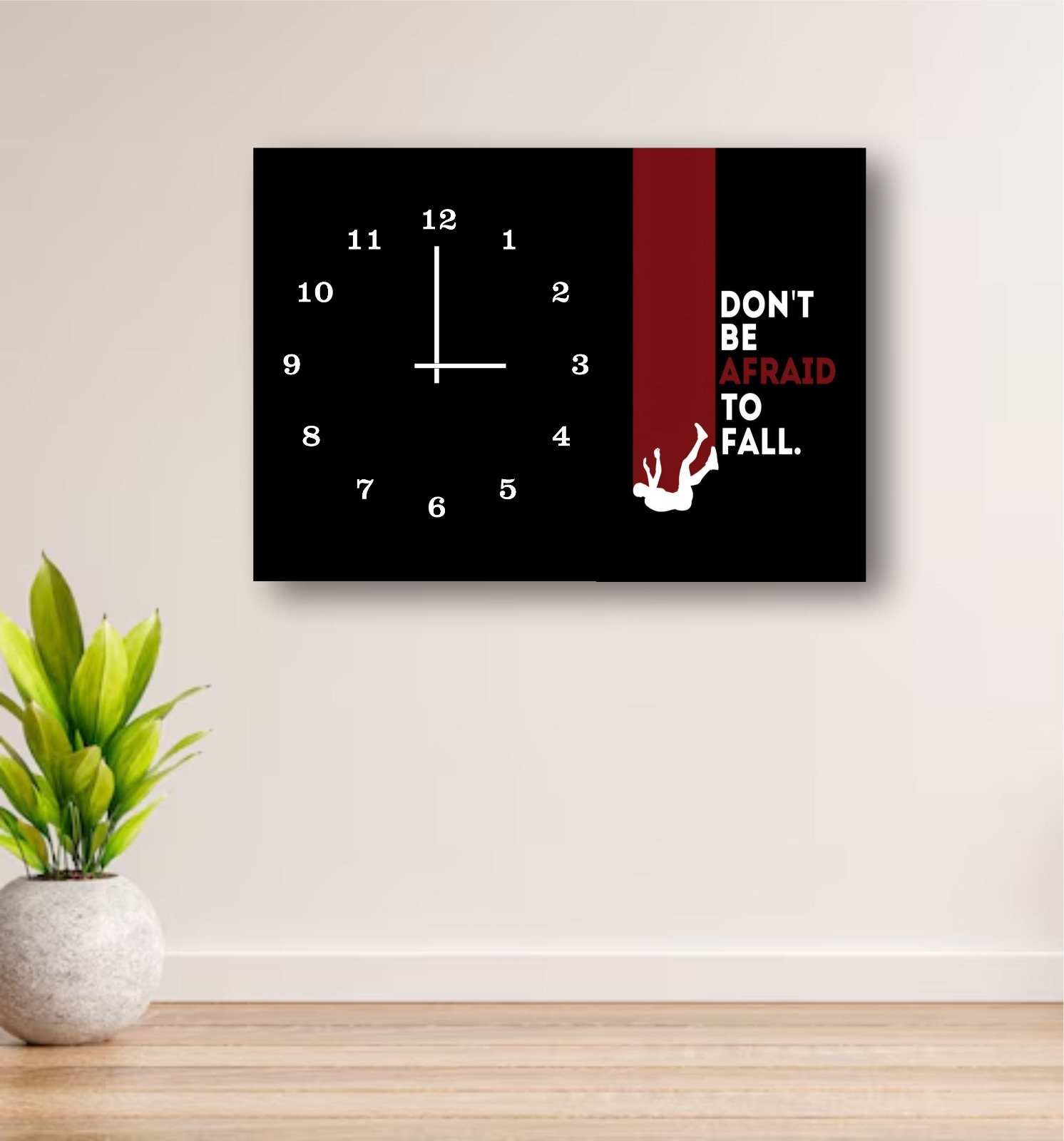 Fearless Fall" Motivational Wall Clock – 12x16" Wooden Frame, Digital Print, Hook Hanging, Inspirational Quote with Bold Visual Design